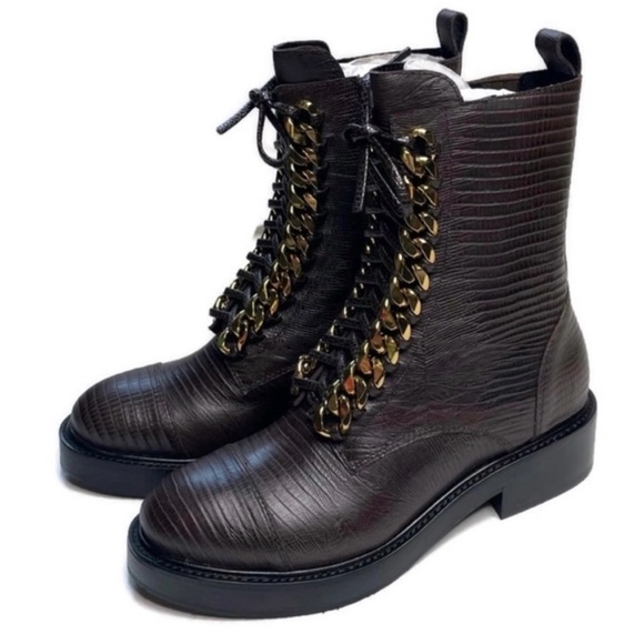 JEFFREY CAMPBELL Size 7 Damon Snakeskin Embossed Brown Lizard Gold Combat Boot - Picture 5 of 12